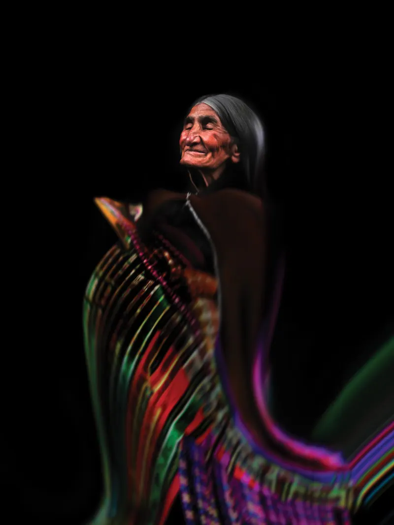 Una abuela andina generada con IA. Su manta a rayas se deshace en trazos de color.