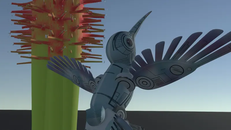 Un ave 3D de pico largo junto a una flor de cactus de espinas rojas. De la nota de laboratorio El nenúfar aprende a respirar.