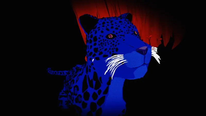 Un jaguar azul de bigotes blancos frente a una cortina roja, sobre negro.