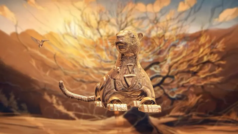 Un jaguar dorado sentado entre dunas ámbar y ramas desnudas.