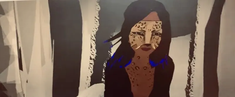 Una mujer dibujada, con manchas de jaguar en la cara, entre troncos pálidos.