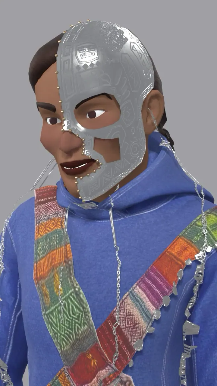 Un personaje 3D con una máscara plateada sobre media cara, un buzo azul con capucha y una faja tejida.