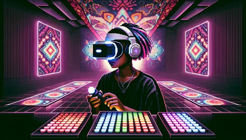 Una imagen generada de una persona con visor de VR, rodeada de patrones textiles de neón.