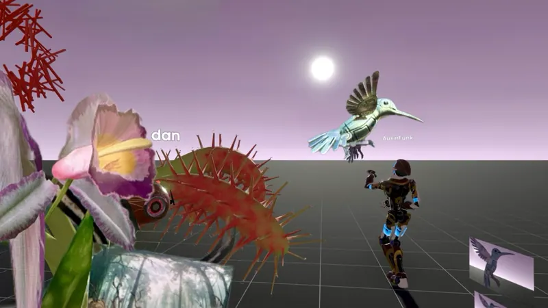 Una escena 3D con una orquídea, un colibrí y una figura que camina bajo un sol blanco. De la nota de laboratorio La araña aprende a tejer, la gecko aprende a sentir.