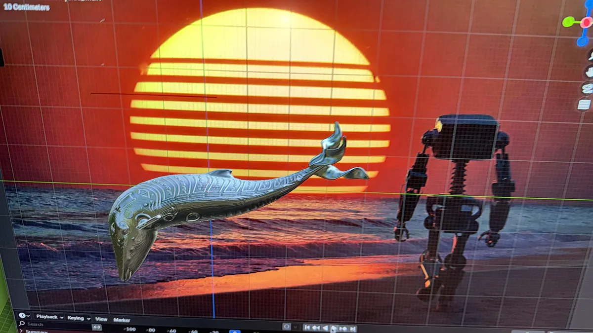 Una ballena 3D y un robot frente a un sol poniente a rayas.