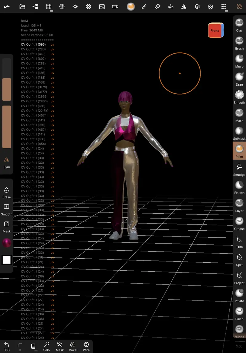Un personaje 3D de pie en una aplicación de captura de movimiento, con los brazos abiertos, sobre una cuadrícula negra.