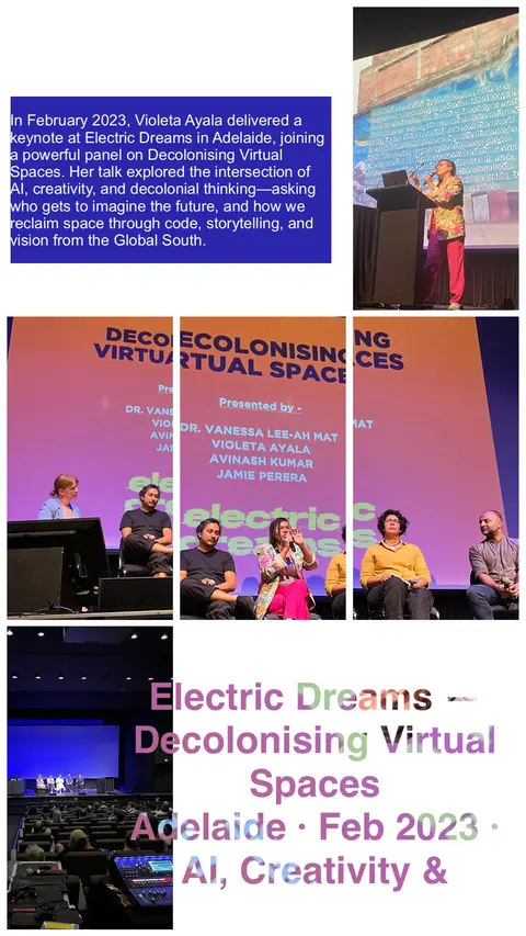 Tarjeta hecha por el estudio: Electric Dreams: Decolonising Virtual Spaces. Febrero de 2023