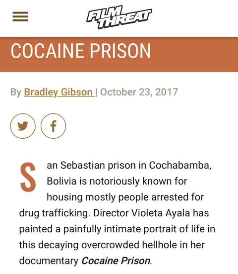 Recorte de prensa: habanafilmfestival.com, sobre Cocaine Prison.