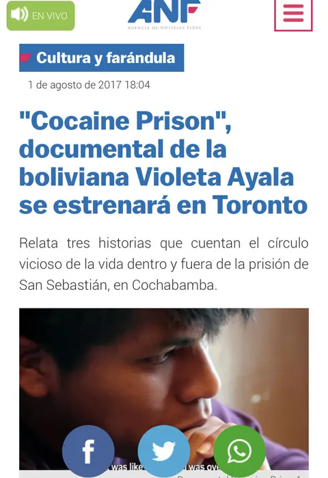 Recorte de prensa: Agencia de Noticias Fides, sobre Cocaine Prison.