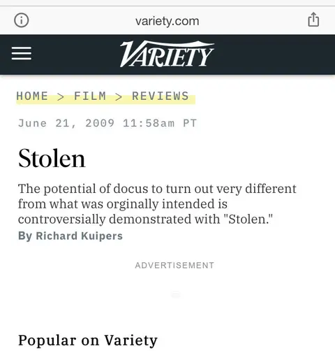 Recorte de prensa: Variety, sobre Stolen.