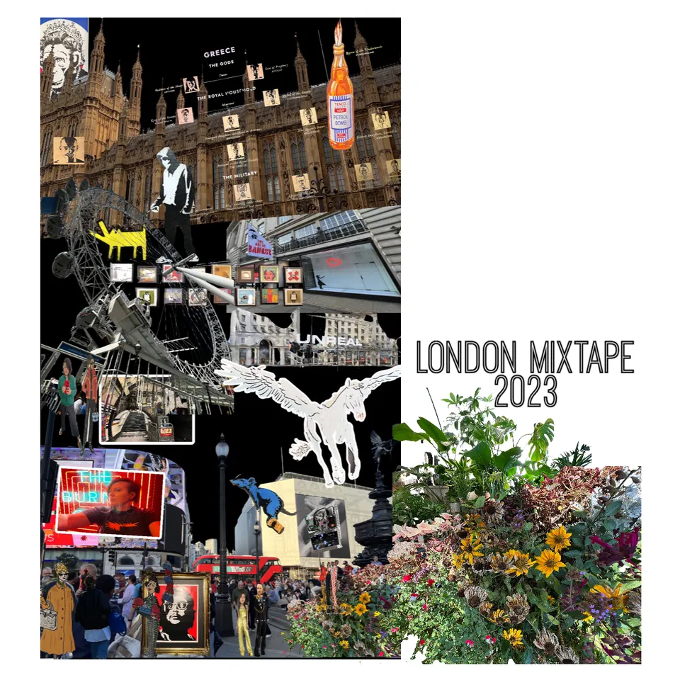 Un collage titulado London Mixtape 2023: edificios, un caballo alado, una figura amarilla, multitudes y flores.