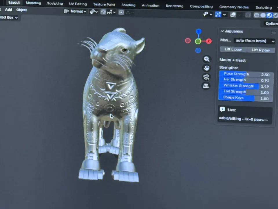 Un modelo de jaguar plateado está de pie en Blender, junto a un panel de controles para la pose, las orejas, los bigotes y la cola.