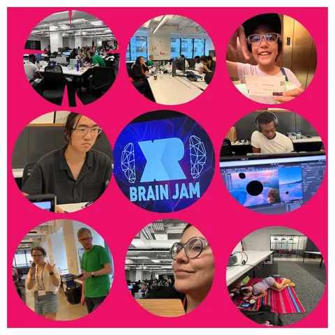 Un afiche rosado con nueve imágenes redondas del jam: personas en sus escritorios, una niña, una pantalla y el logo de XR Brain Jam al centro.