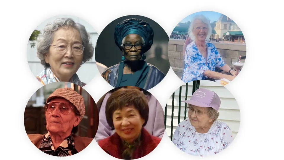 Seis retratos redondos de mujeres mayores de distintas partes del mundo.