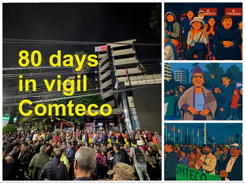 Una multitud frente a un edificio de noche, bajo las palabras 80 days in vigil Comteco. Al lado, tres ilustraciones de personas mayores en una protesta.