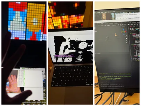 Tres imágenes: una mano delante de paneles de píxeles de colores, una laptop con una imagen de píxeles en blanco y negro, y un monitor con código y un programa 3D.