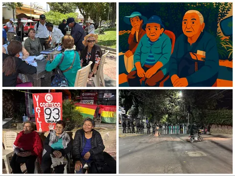 Cuatro imágenes: personas mayores alrededor de una mesa en una plaza, una ilustración de tres personas mayores, tres mujeres bajo un letrero rojo que dice Vigilia Comteco 93 días, y policías con escudos en una calle de noche.