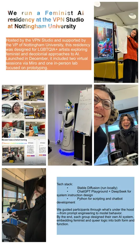 Una página sobre la residencia de IA feminista en la Universidad de Nottingham: dos bloques de texto e imágenes del taller, un robot blanco y dos personas que sonríen.
