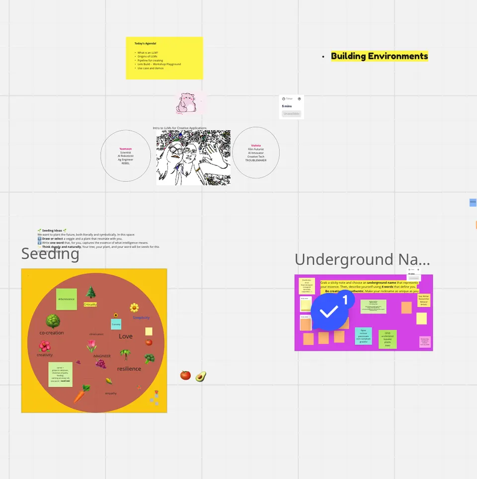 Una pizarra en línea con notas, un dibujo de dos manos y dos tableros de colores llamados Seeding y Underground.
