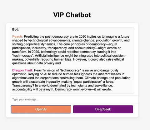 Captura de pantalla del VIP Chatbot: dos voces llamadas Peach y Dragon Fruit responden al mismo prompt, sobre dos botones, OpenAI y DeepSeek.