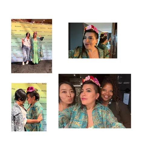 Cuatro imágenes del festival: invitados delante del fondo de BlackStar y dos selfies con amigas.