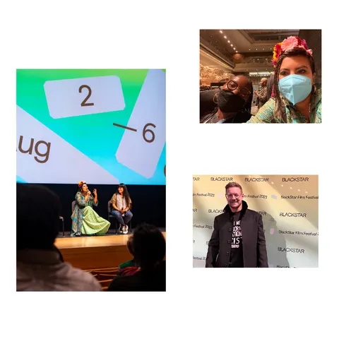 Tres imágenes: dos personas conversan en un escenario bajo una pantalla del festival, dos personas con barbijo se toman una selfie en el teatro, y un hombre posa delante del fondo de BlackStar.