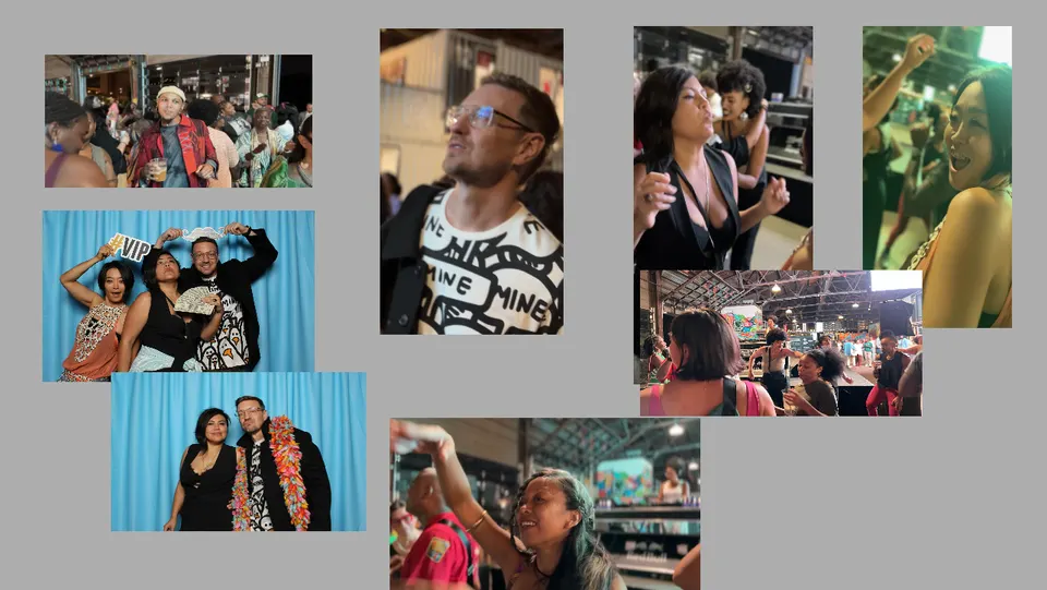 Siete imágenes de la fiesta de la noche inaugural: los invitados bailan, conversan y posan delante de una cortina azul.