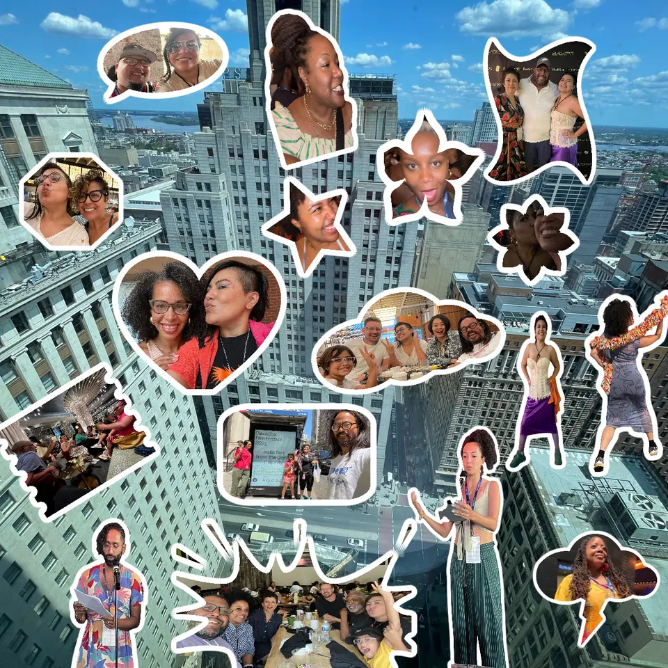 Un collage de fotos recortadas de amigas y colegas sobre una vista aérea de las torres de una ciudad.