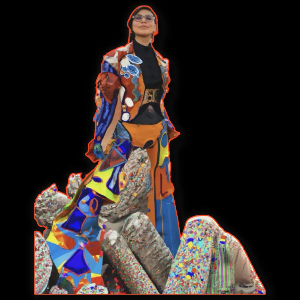 Una figura recortada vestida con retazos de colores vivos está de pie sobre rocas pintadas, en un fondo negro.