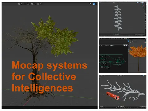 Un árbol 3D con sus raíces en un programa 3D, bajo las palabras Mocap systems for Collective Intelligences. Al lado, tres vistas más pequeñas: un helecho, un árbol naranja y una rama blanca.