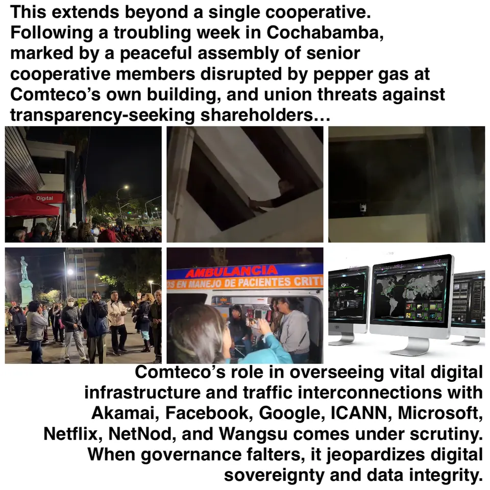 Una diapositiva sobre la cooperativa Comteco: dos bloques de texto y seis imágenes de multitudes de noche, un edificio, una ambulancia y pantallas de computadora.
