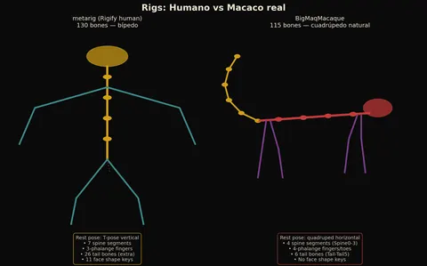 Diagrama de dos rigs lado a lado: un esqueleto humano de 130 huesos, de pie, y un esqueleto de macaco de 115 huesos, en cuatro patas.