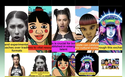 Una cuadrícula de retratos de mujeres con trenzas en distintos estilos, de fotografías a caricaturas e ilustraciones de neón, con franjas de texto encima.