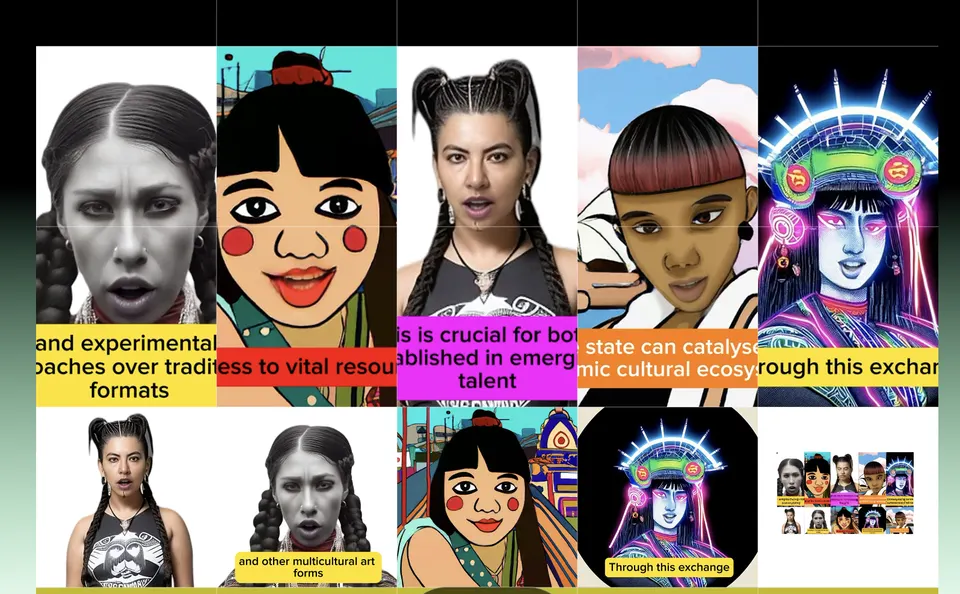 Una cuadrícula de retratos de mujeres con trenzas en distintos estilos, de fotografías a caricaturas e ilustraciones de neón, con franjas de texto encima.