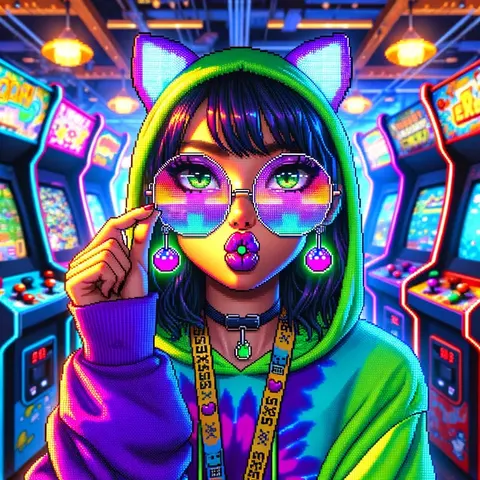 Una ilustración en pixel art: una chica con capucha verde con orejas de gato se baja los lentes de arcoíris, en una sala llena de máquinas de videojuegos.