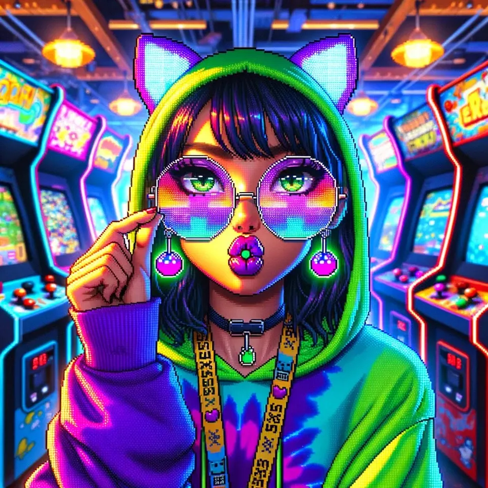 Una ilustración en pixel art: una chica con capucha verde con orejas de gato se baja los lentes de arcoíris, en una sala llena de máquinas de videojuegos.