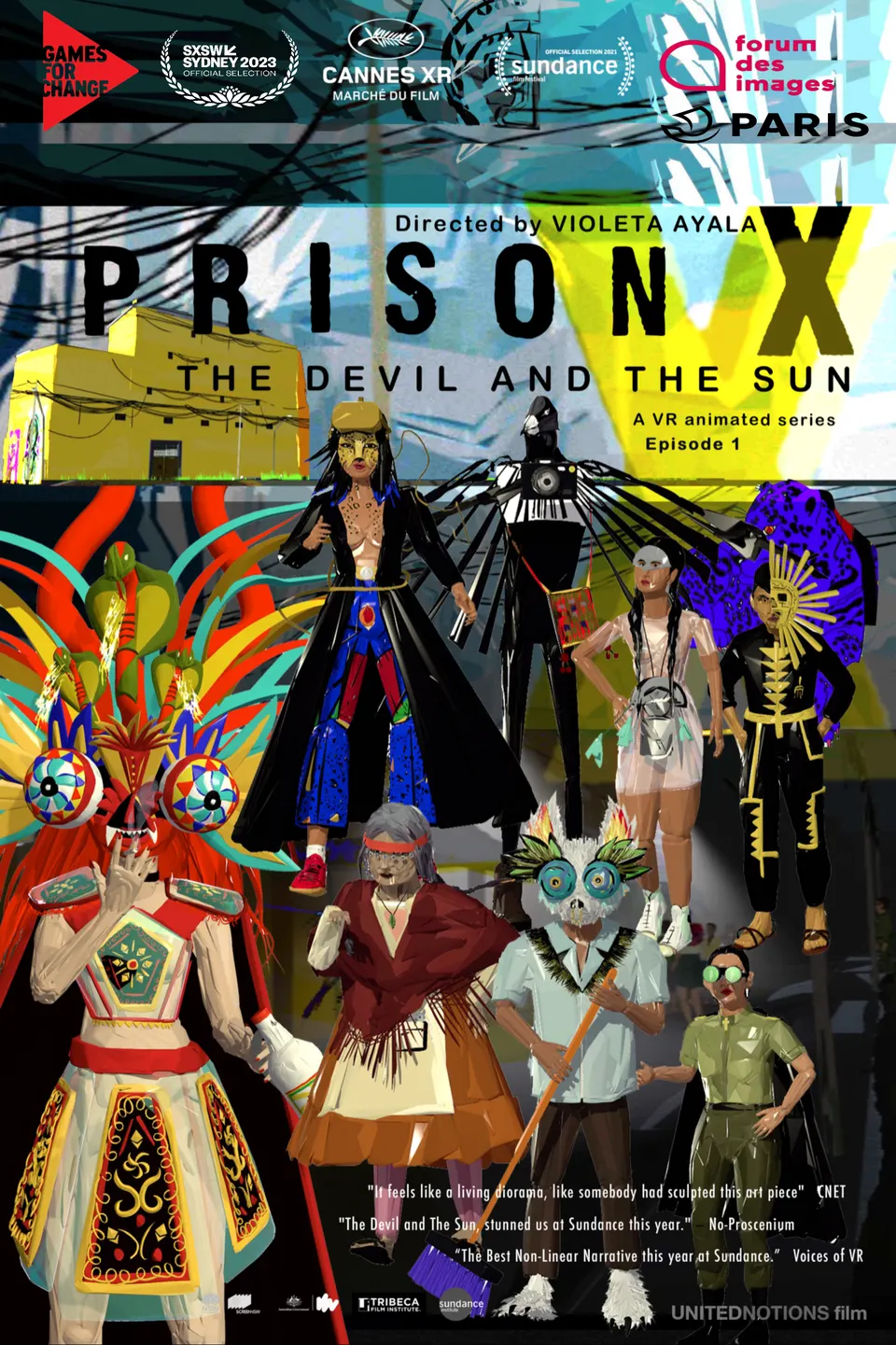 El afiche de Prison X: The Devil and the Sun. Los personajes de la serie de realidad virtual posan juntos bajo laureles de festivales.