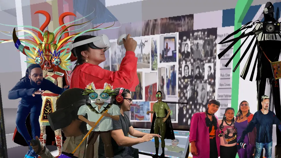 Un collage: personas con visores de realidad virtual y personas ante computadoras, entre personajes de Prison X y una pared de fotografías.
