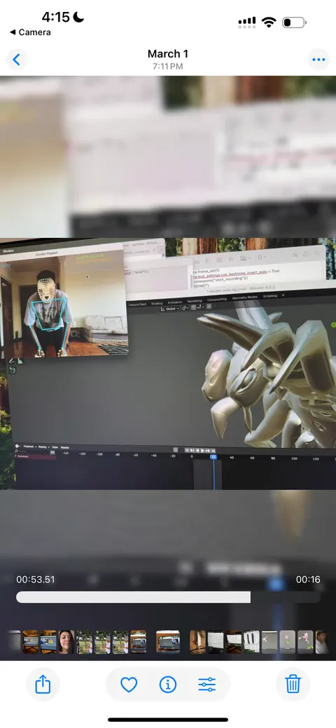 Captura de pantalla de un video en un celular: una persona agachada en una ventana pequeña, junto a una criatura 3D dorada.