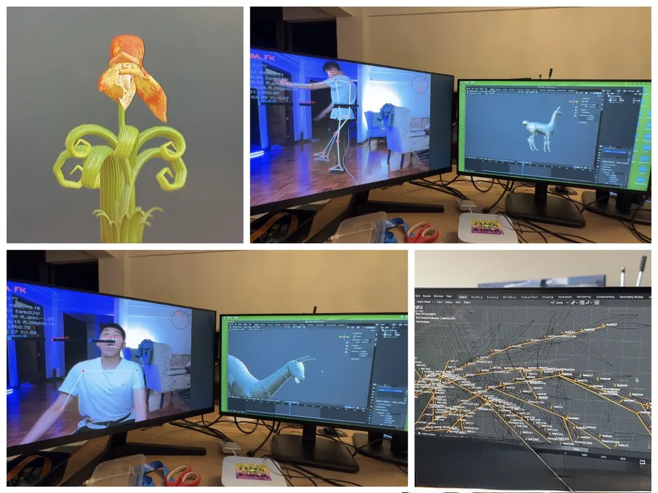Cuatro imágenes: una flor 3D de pétalos naranjas, dos escritorios con monitores que muestran a una persona seguida por una cámara junto a una llama 3D, y una pantalla con una red de líneas.