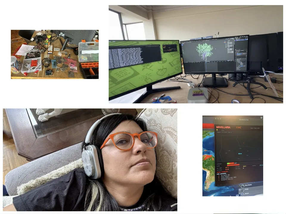 Cuatro imágenes: piezas electrónicas sobre una mesa, dos monitores con un árbol 3D, una persona con audífonos y lentes naranjas echada en un sofá, y una pantalla con un mapa de Sudamérica y datos de incendios.