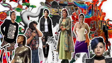Un collage de figuras recortadas con distintos atuendos, entre flores rojas, una serpiente blanca, un jaguar y palabras pintadas.