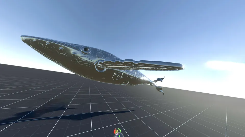 Una ballena robótica plateada flota sobre un piso cuadriculado, bajo un cielo azul, en una escena 3D.