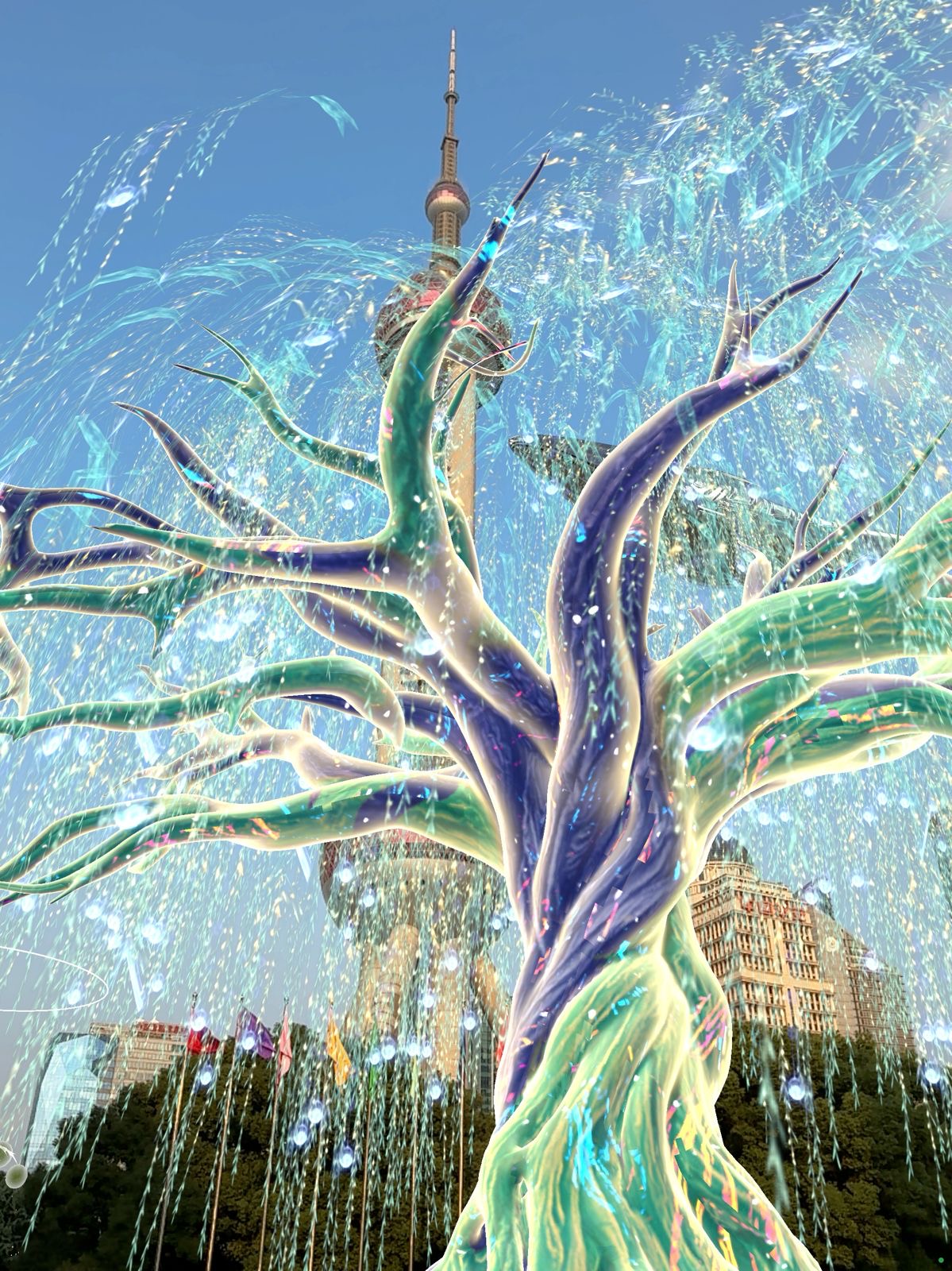 Yakumama, the mixed reality whale, over the Shanghai skyline